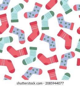 Christmas socks background. Holiday pattern for Christmas card. North Pole illustration. Vector pattern for presents
