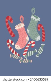 Christmas socks and candies hand drawn set