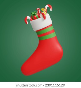 christmas socks with candy 3D vector icon set, on a green background
