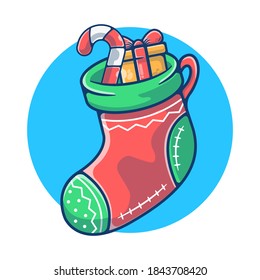 Christmas Socks with Candy Cane and Gift Box. Merry Christmas Concept. Flat Cartoon Style Suitable for Sticker, Wallpaper, Icon, etc.