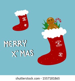 Christmas socks with candy and cookie. Can be used for greeting cards, labels, presentations, web design.