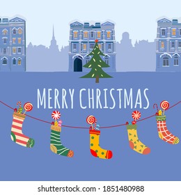 Christmas socks with candy hanging, with different design. Traditional vintage decoration old town background, baner, illustration, vector, card, poster, banner