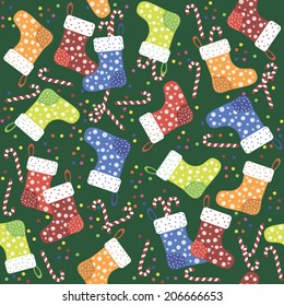 Christmas socks and candy. Multicolored seamless pattern