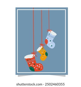 christmas  socks card three socks on strings
