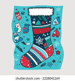 Christmas socks cartoon sticker, xmas sock stickers elements. Winter holidays