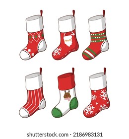 Christmas socks collection. Holiday Santa Claus winter socks for gifts. Vector illustration, flat style. Various traditional colorful and ornate holiday stockings or socks collection. Cartoon New Year