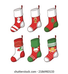 Christmas socks collection. Holiday Santa Claus winter socks for gifts. Vector illustration, flat style. Various traditional colorful and ornate holiday stockings or socks collection. Cartoon New Year