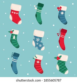 Christmas socks collection. Christmas stockings. Vector illustration