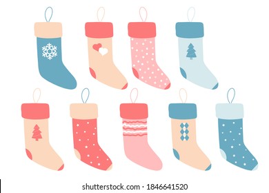 Calcetines de Navidad, colección de iconos vectoriales en un fondo blanco.