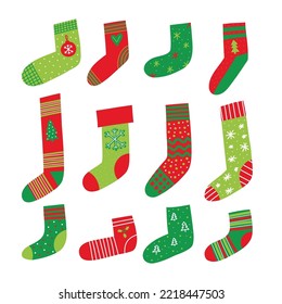 Christmas socks collection. Xmas and New Year stocking set with winter holiday symbols and green red colors. Handdrawn doodle vector illustration.