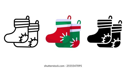 Christmas socks color icon. Holiday hanging stocking symbol. Sock-shaped bags for presents illustration. New year gift sign.