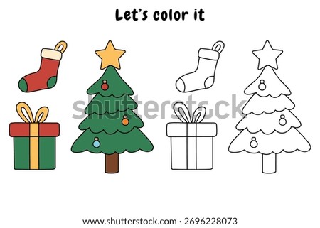 Christmas Socks Coloring Page. Christmas Tree Coloring Page. Gift Box Coloring Page. Trace and Color Christmas Socks, Christmas Tree and Gift box for Kids Printable Vector. 
