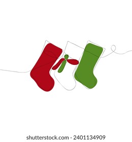 Christmas socks continuous one line drawing. Christmas icon. Line art. Winter. Hand drawn sketch. Xmas and New Year symbol. Vector illustration.