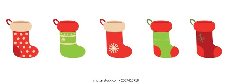Christmas socks. Cute five Christmas socks. Vector. Bright New Year socks for gifts