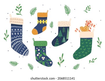 Christmas Socks with Cute Ornaments and Gifts Isolated on White Background. Stockings Winter Collection, Xmas Holiday Presents, Winter Decor in Funny Scandinavian Style. Cartoon Vector Illustration