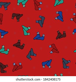 Calcetines de Navidad de diferentes colores, patrón. Los motivos se organizan en orden aleatorio. Textura vectorial sin costura geométrica, fondo rojo. Para todas las impresiones de moda