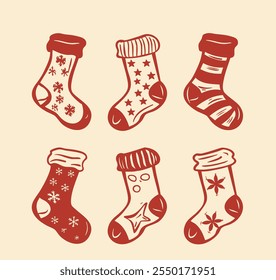 Christmas socks doodle illustrations collection. Christmas stockings doodle illustrations set. Christmas socks hand drawn illustrations set.