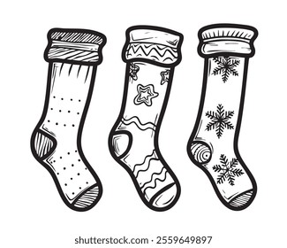 Christmas socks doodle illustrations collection. Christmas stockings doodle illustrations set. Christmas socks hand drawn illustrations set.