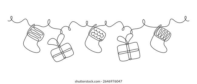 Christmas socks and festive boxes with gift drawn continuous line in minimalism, one line, Xmas decor. Greeting card, invitation to holiday. Editable vector outline.