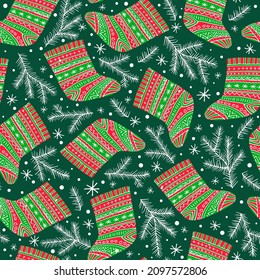 Christmas socks, fir brunches, doodle hand drawn elements, vector seamless pattern for Christmas and New Year holiday design.