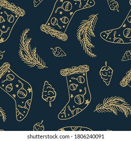 Christmas socks and fir twigs flat vector seamless pattern. Winter season holiday symbols texture. Traditional xmas attributes decorative backdrop. 
