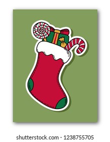 Christmas socks flat with gift and candy cane for greeting cards. Vector illustration