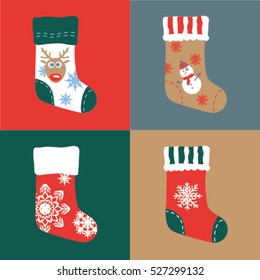 Christmas socks flat icon with color ornament. Vector illustrator