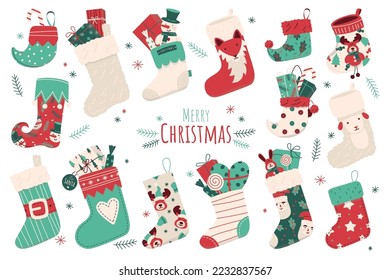 Christmas socks flat icons set. Different variation of winter decor element. Christmas stockings fireplace. Winter holiday. Festive and cozy accessory. Color isolated illustrations
