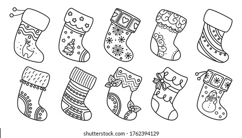 Christmas socks flat line set. Black linear cartoon holiday traditional and ornate stockings. Christmas socks for gift, decorated holly and patterns. New Year design collection. Vector illustration