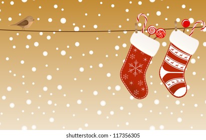 Christmas socks full of candies hanged on a clothesline