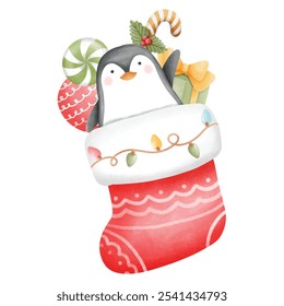 Christmas socks full of gifts With cute penguins. Santa Claus winter socks for gifts Watercolor vector illustration. Various traditional colorful and elegant holiday stockings or socks. 