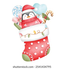 Christmas socks full of gifts With cute penguins. Santa Claus winter socks for gifts Watercolor vector illustration. Various traditional colorful and elegant holiday stockings or socks. 