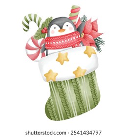 Christmas socks full of gifts With cute penguins. Santa Claus winter socks for gifts Watercolor vector illustration. Various traditional colorful and elegant holiday stockings or socks. 