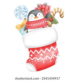 Christmas socks full of gifts With cute penguins. Santa Claus winter socks for gifts Watercolor vector illustration. Various traditional colorful and elegant holiday stockings or socks. 