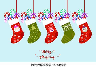 Christmas socks, funny decorations, holiday attributes in vector with images of Santa, snowflakes, Christmas Eve, snowman, ribbons, Christmas deer and other traditional ornaments.