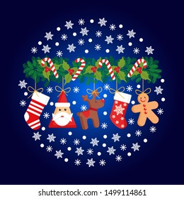 Christmas Socks and garland  from the fir-tree.  Winter Christmas circle pattern, vector illustration.  Greeting card with wreath,  socks, santa claus, deer and gingerbread Man. 