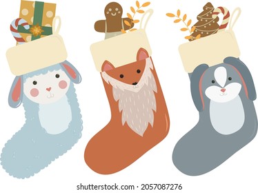 Christmas Socks With Gifts. Baby Christmas Socks. Cute Christmas Socks Illustration Vector. Christmas Stockings. Stickers, Clipart For Xmas. 
Cute Animals - Sheep, Fox, Bunny. Flat Vector Illustration