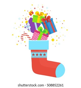 Christmas socks with gifts. Concept of New Year gifts. Template for greeting cards, postcards, advertising, media. Flat vector cartoon Christmas socks. Objects isolated on a white background.