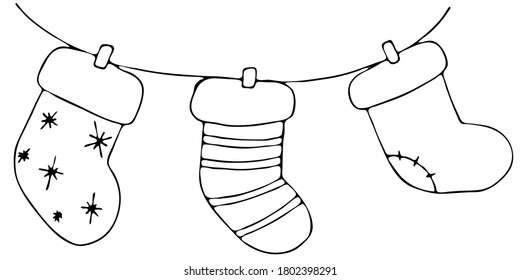 calcetines de navidad para regalos en forma de garland, doodles de invierno bonitos, libro de colores, elemento vector estilo doodle