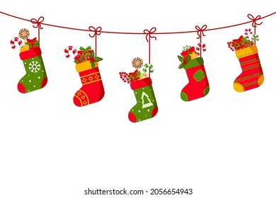 Christmas socks with gifts hanging on garland. Greeting card, frame for Christmas, New Year. Winter Holiday Decoration. Traditional Christians symbol. Bright Vector illustration on white background