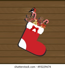 Christmas socks with Christmas gifts inside. New year vector illustration. Baby cute gift. Pattern for greeting or invitation. poster greeting card