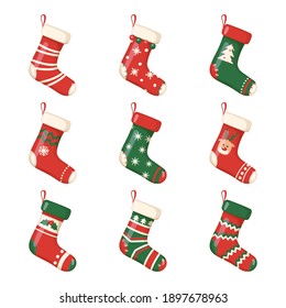 Christmas socks with gifts, New Year stocking, vector Xmas winter holiday icons. Christmas socks hanging with Santa sweets gifts, Xmas decoration red green socks with snowflakes and reindeer ornament