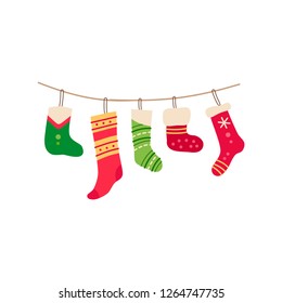 Christmas socks for gifts single flat icon. Vector illustration isolated on white background. Xmas decoration in cartoon style. Traditional christmas element of holiday