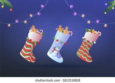 Christmas socks with gingerbread cookies and caramels on a dark background with garlands. DecorativesockswithNewYeardecorations.