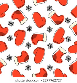 Christmas Socks and Gloves in cartoon flat style. Vector seamless pattern isolated on white background.