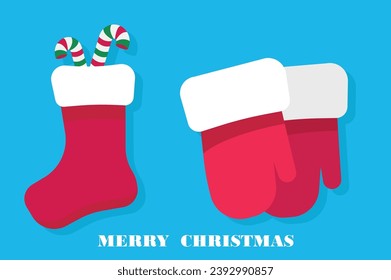 
CHRISTMAS SOCKS AND GLOVES. Christmas decoration. Gloves and red stockings to receive gifts from Santa. Poster, Christmas card.