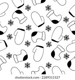 Christmas Socks and Gloves in outline doodle style. Vector seamless pattern isolated on white background.