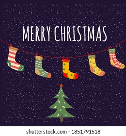 Christmas socks hanging, with different design. Traditional vintage decoration snowflakes background, baner, illustration, vector, card, poster, banner