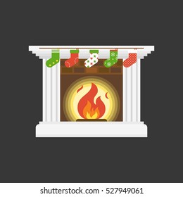 christmas socks hanging in front of fire place, flat design vector