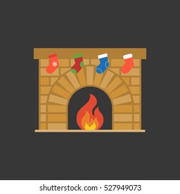 christmas socks hanging in front of fire place, flat design vector